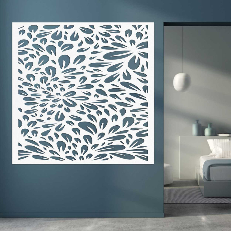 A square wooden painting with rhythmically repeating natural shapes evoking movement.