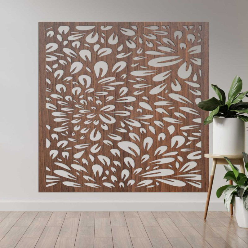 A square wooden painting with rhythmically repeating natural shapes evoking movement.
