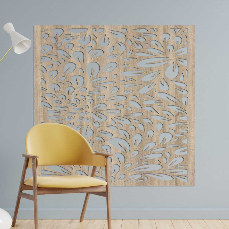 A square wooden painting with rhythmically repeating natural shapes evoking movement.