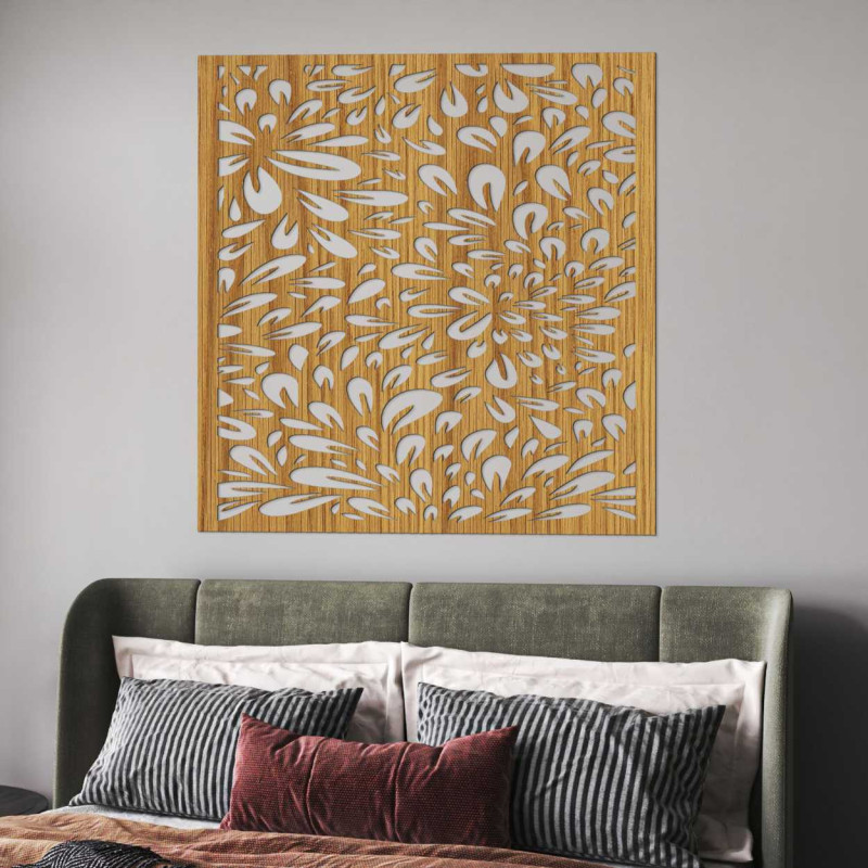 A square wooden painting with rhythmically repeating natural shapes evoking movement.