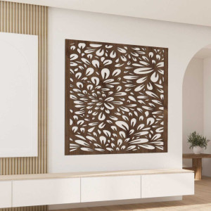 A square wooden painting with rhythmically repeating natural shapes evoking movement.