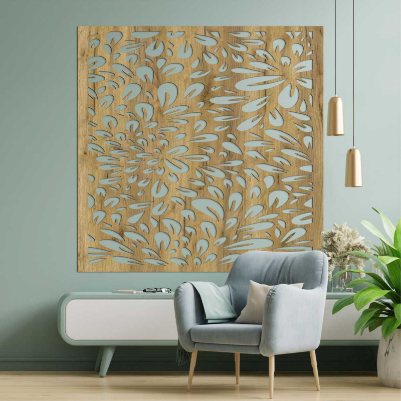 A square wooden painting with rhythmically repeating natural shapes evoking movement.