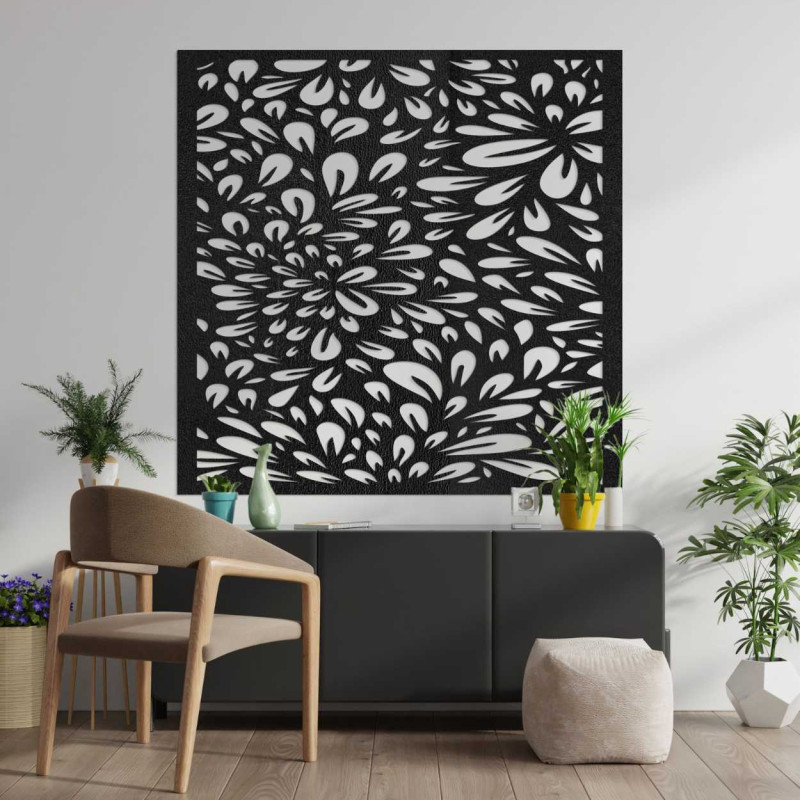 A square wooden painting with rhythmically repeating natural shapes evoking movement.