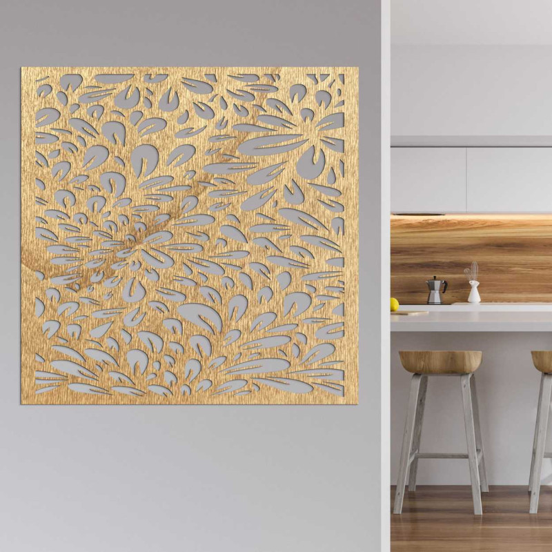 A design wall with a laser motif of a blooming flower made of wood.