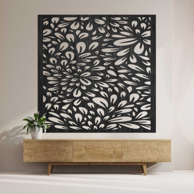 A design wall with a laser motif of a blooming flower made of wood.