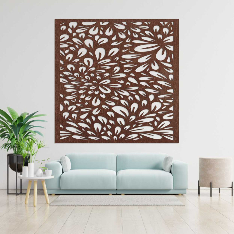 A design wall with a laser motif of a blooming flower made of wood.