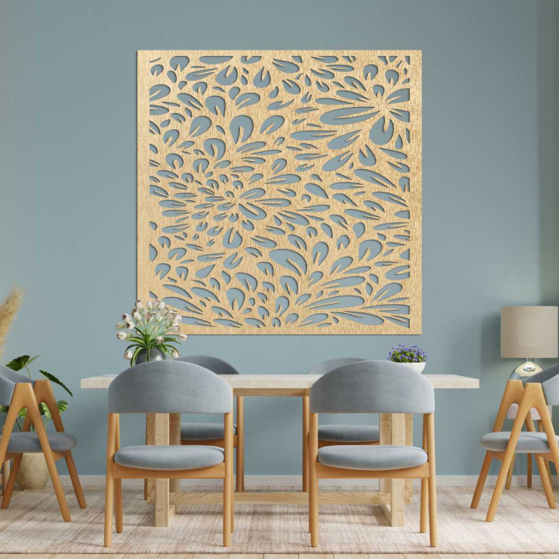 A design wall with a laser motif of a blooming flower made of wood.