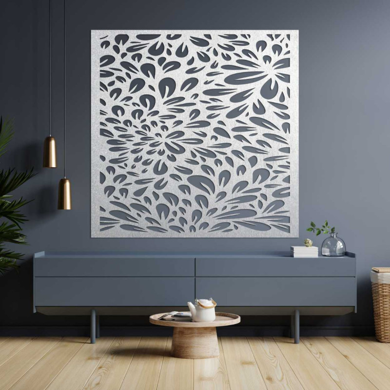 A design wall with a laser motif of a blooming flower made of wood.