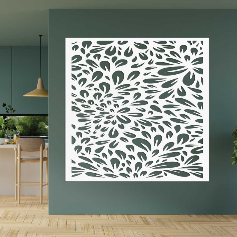 A design wall with a laser motif of a blooming flower made of wood.