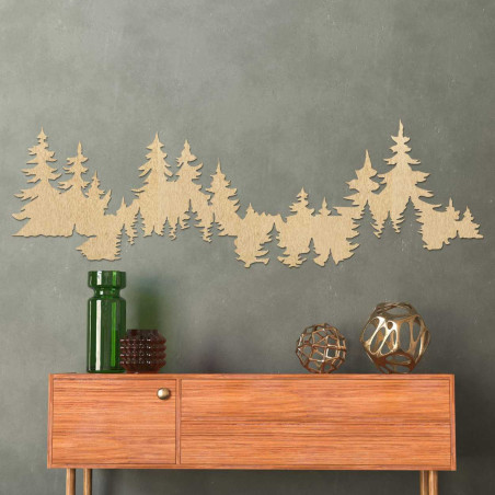 Detailed wall silhouette of a forest made of light wood material. Detailed wall silhouette of a forest made of light wood material.