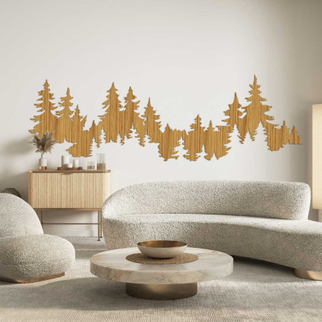 Detailed wall silhouette of a forest made of light wood material.