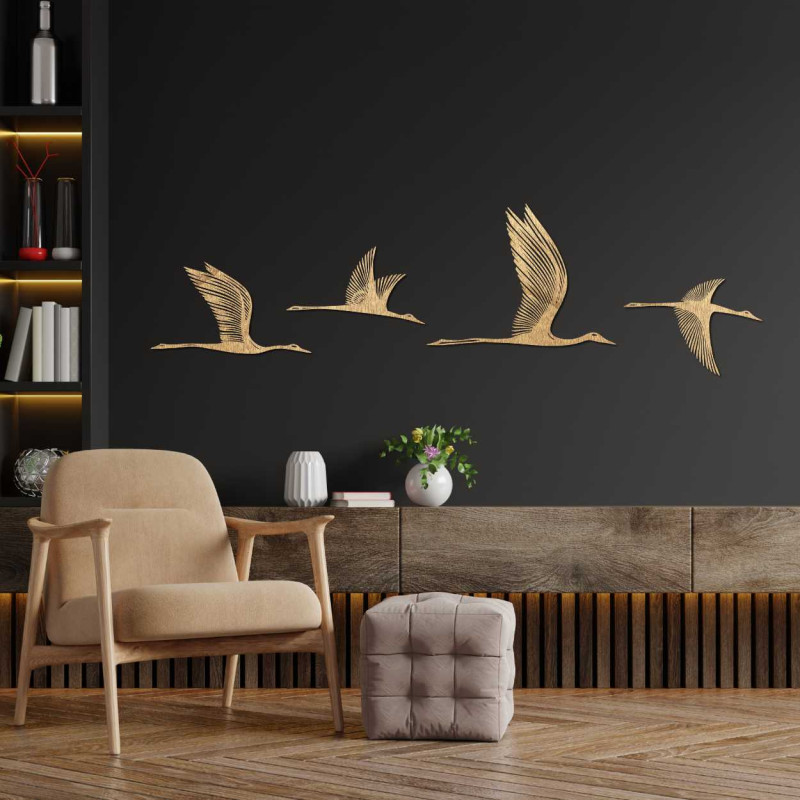 Detailed silhouette of birds in flight carved from quality wood