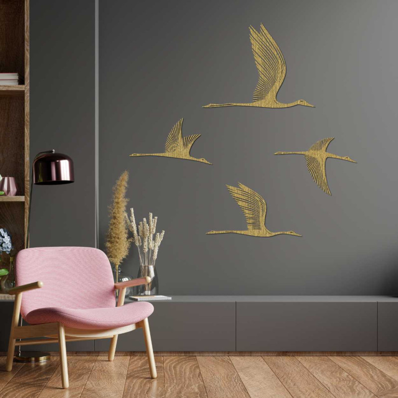 Detailed silhouette of birds in flight carved from quality wood