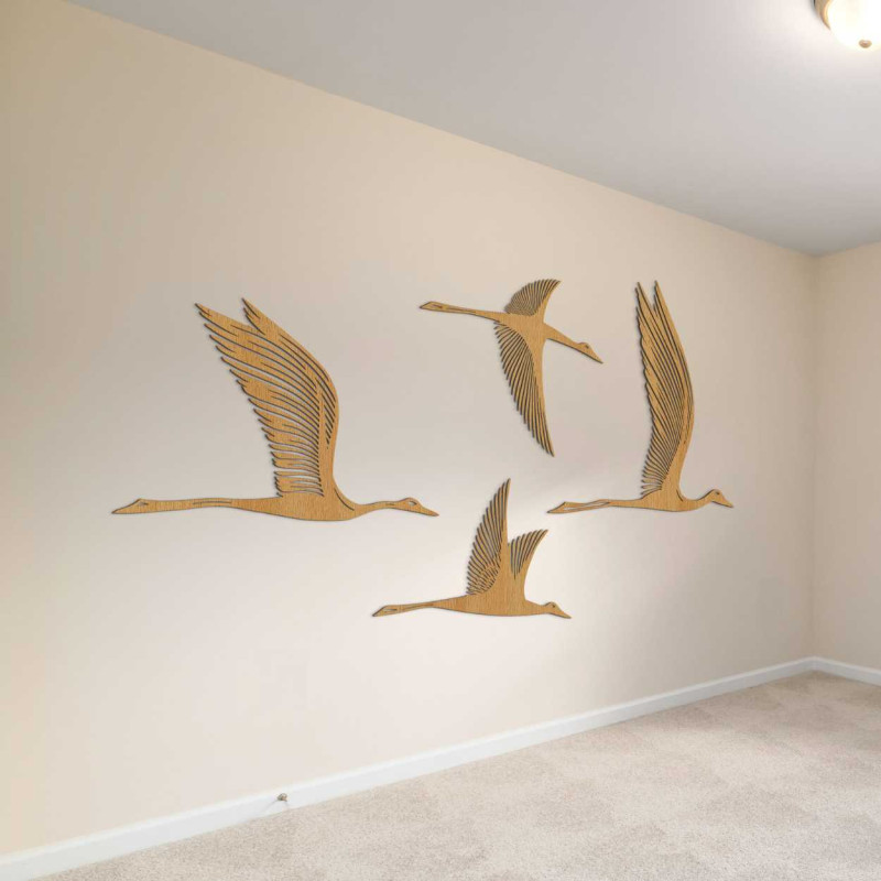 Minimalist wooden bird design mounted on interior wall