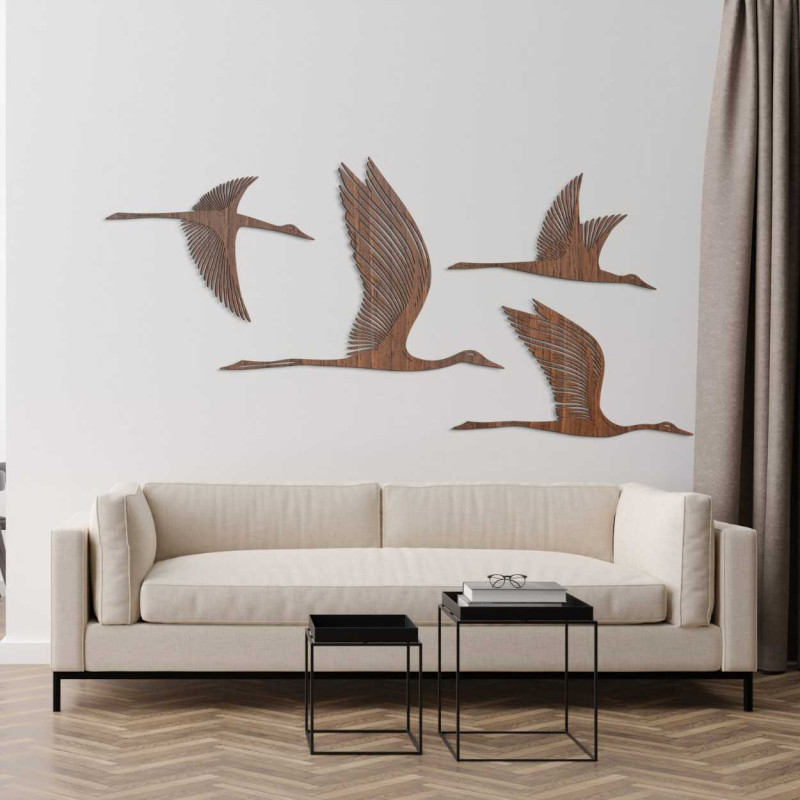 Minimalist wooden bird design mounted on interior wall