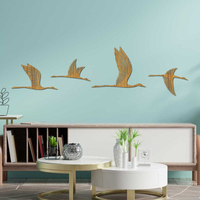 Minimalist wooden bird design mounted on interior wall