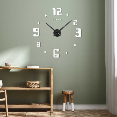 Wall clock with a creative design, playful numbers and a clean background.