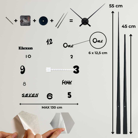 Visualization of the dimensions of a wall clock, showing the size of the dial and the length of the hands. Visualization of the dimensions of a wall clock, showing the size of the dial and the length of the hands.