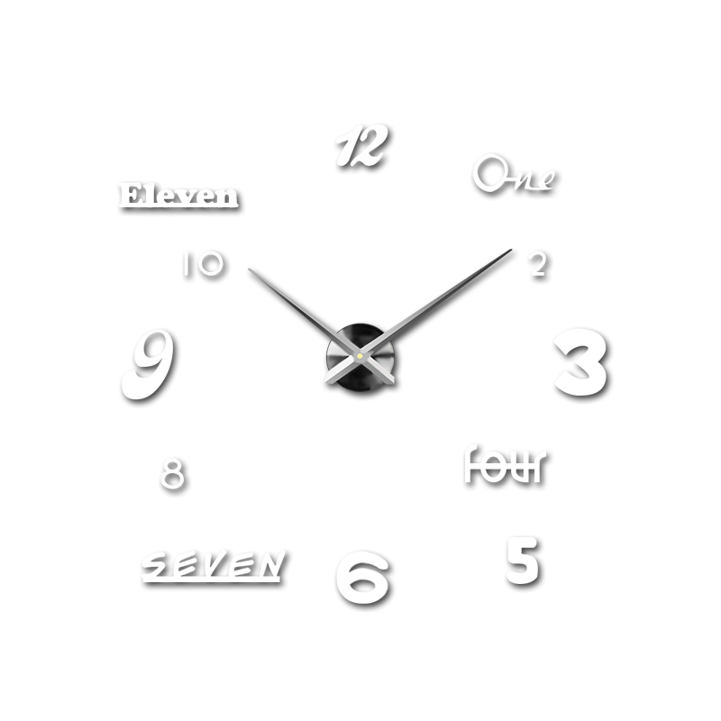 Designer wall clock with a combination of numbers and words in a creative arrangement.