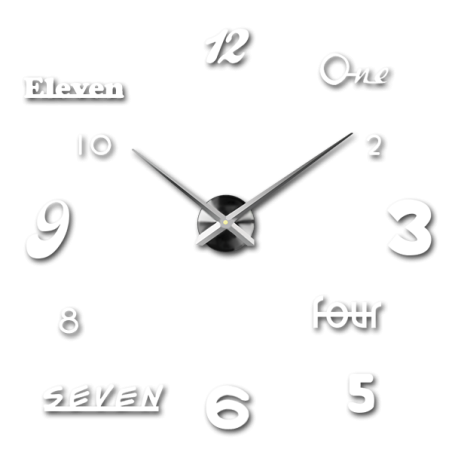 Designer wall clock with a combination of numbers and words in a creative arrangement. Designer wall clock with a combination of numbers and words in a creative arrangement.