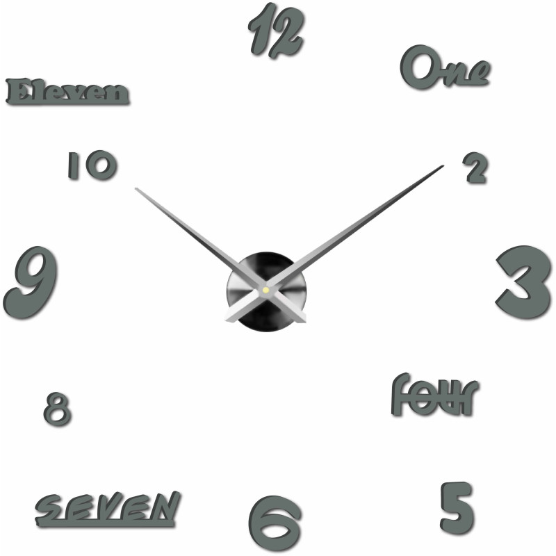A wall clock with hands that elegantly show the time on a designer dial.