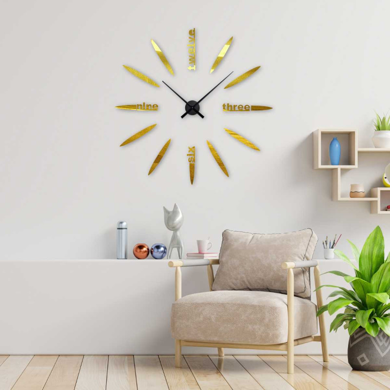 Detail of a 3D clock with a modern dial, oval elements and legible word inscriptions.