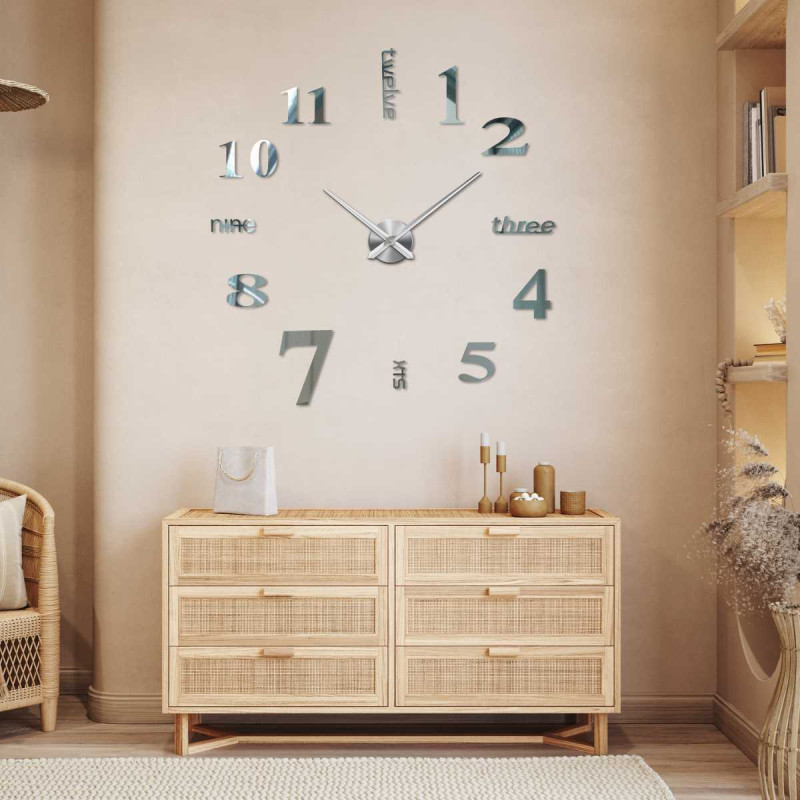 Designer sticker clock with numbers displayed in different font styles.