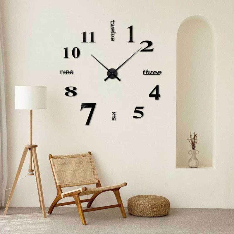 Designer sticker clock with numbers displayed in different font styles.