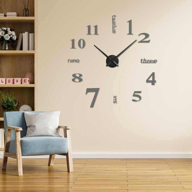 Designer sticker clock with numbers displayed in different font styles.