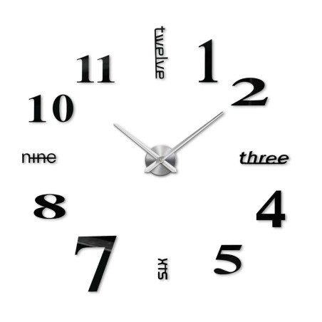 Stick-on clock with distinctive hands and unconventional typography of numbers. Stick-on clock with distinctive hands and unconventional typography of numbers.