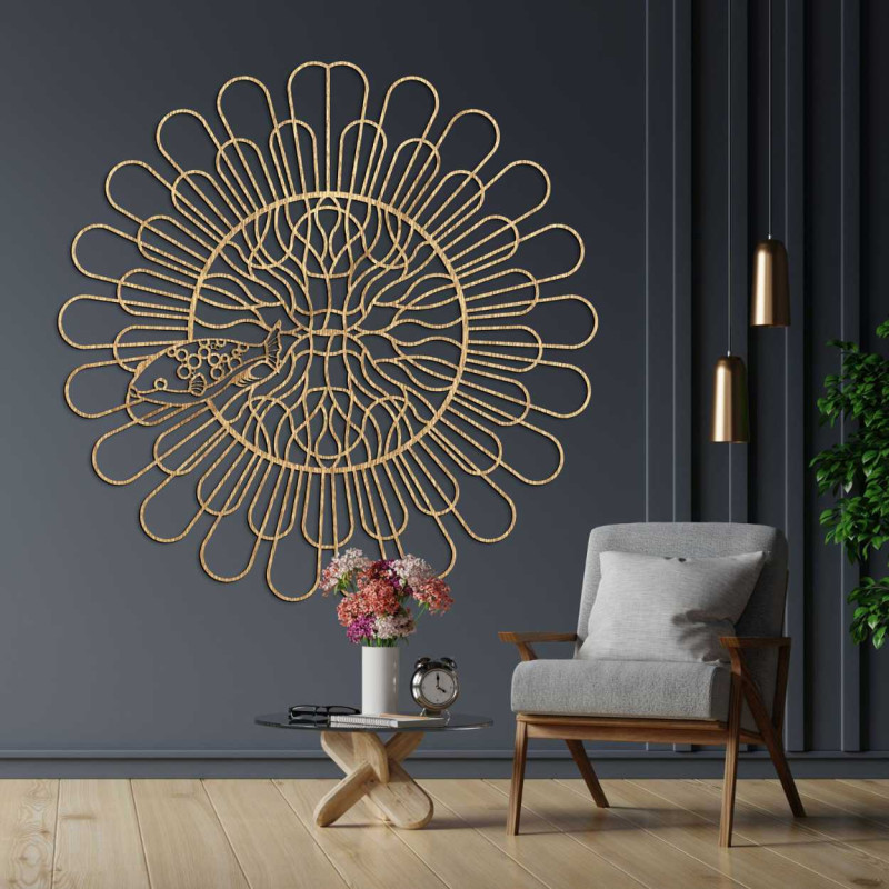 A precisely carved wooden wall painting with a natural and symbolic motif.
