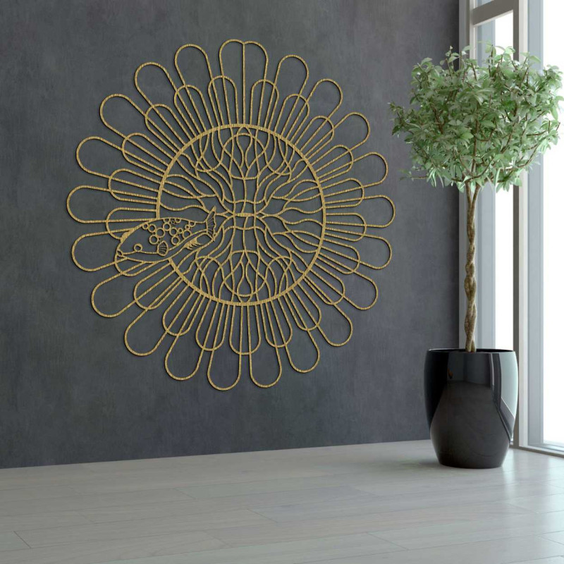 A precisely carved wooden wall painting with a natural and symbolic motif.