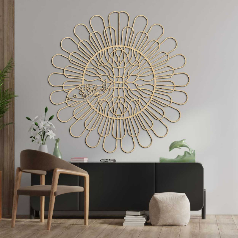 A precisely carved wooden wall painting with a natural and symbolic motif.