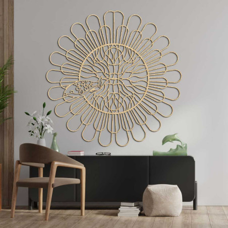 Wooden wall decoration in a circular shape with a fish motif and symmetrical arches.