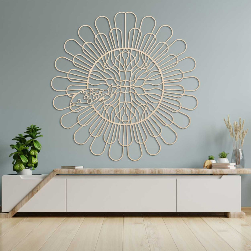 A precisely carved wooden wall painting with a natural and symbolic motif.