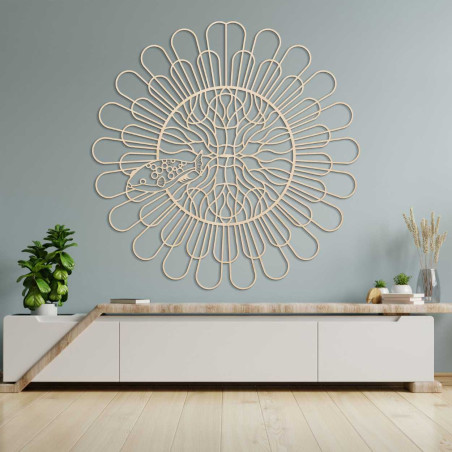 Modern circular wall decoration made of wood with a symbolic fish motif.