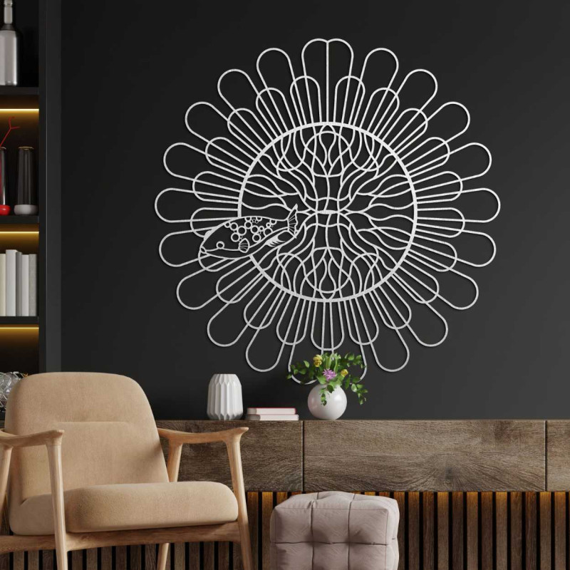 A precisely carved wooden wall painting with a natural and symbolic motif.