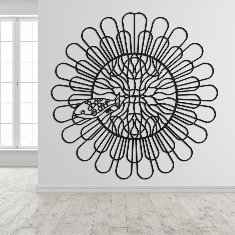 Modern wall decoration with delicate curves and a central abstract design.