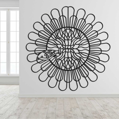 Wooden decoration with organic shapes and a concentrated geometric motif. Wooden decoration with organic shapes and a concentrated geometric motif.