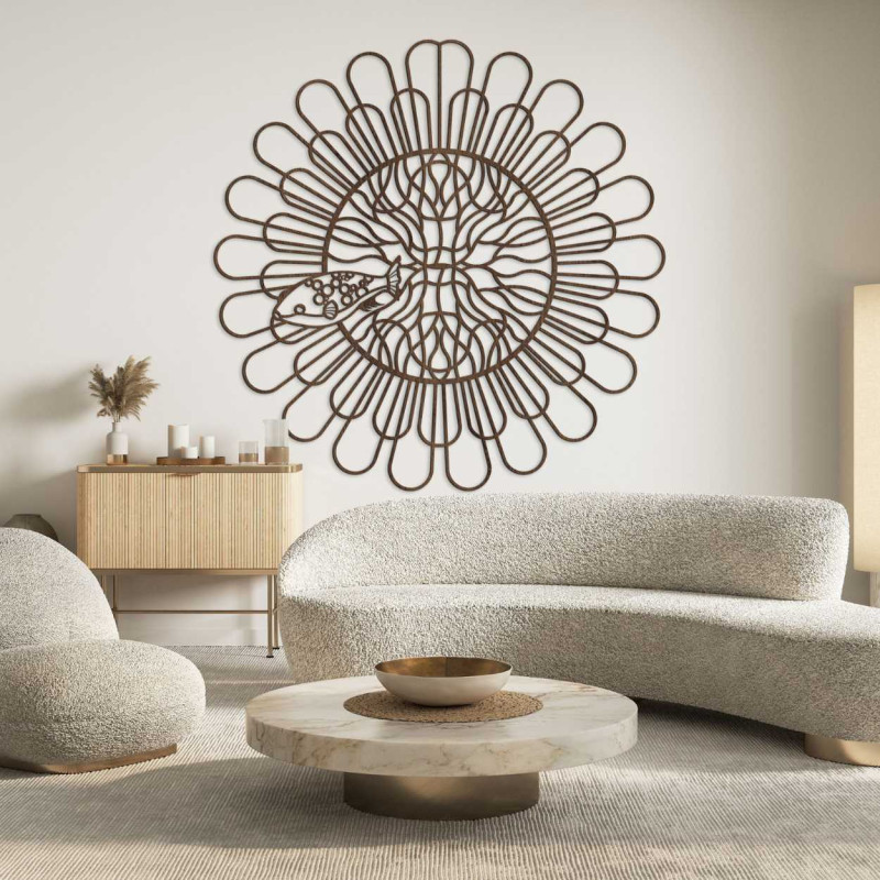 Modern wall decoration with delicate curves and a central abstract design.