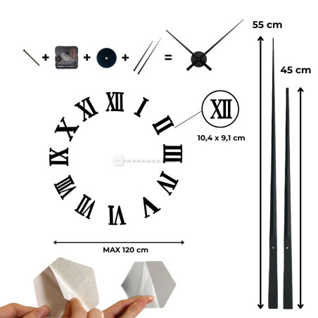 Technical description Large adhesive clock that adapts to your wall - circle, ellipse or custom shape. Technical description Large adhesive clock that adapts to your wall - circle, ellipse or custom shape.
