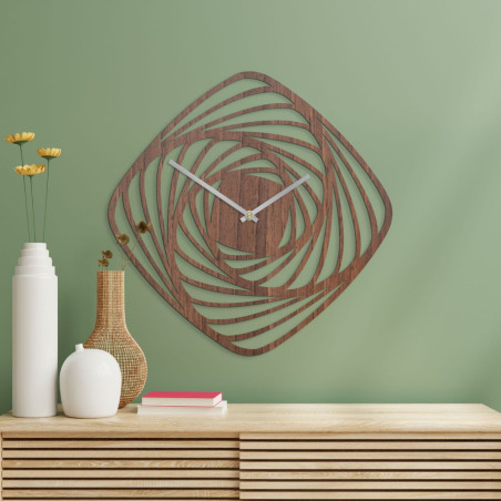 Modern wooden wall clock with a geometric spiral pattern in golden oak decor.