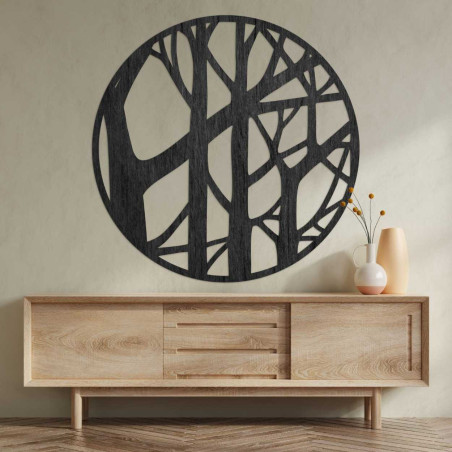 Wooden wall decoration depicting a branched tree in a circle