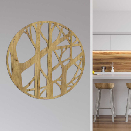 Minimalist decoration with branches in a circular wooden frame Minimalist decoration with branches in a circular wooden frame