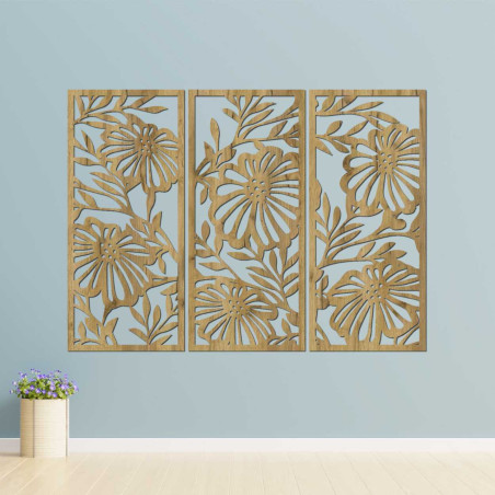 Natural wooden picture with laser-cut floral pattern.