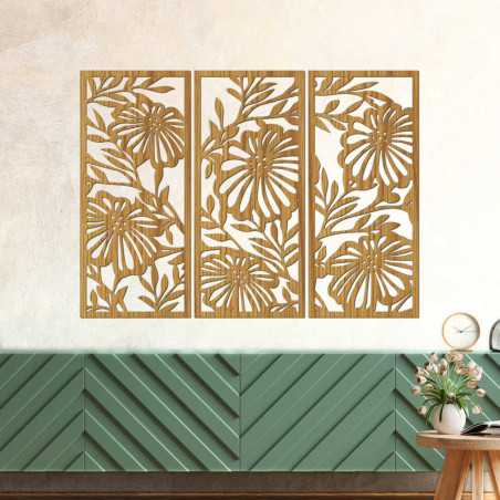 Artistic wooden painting with a trio of vertical panels and a floral design.