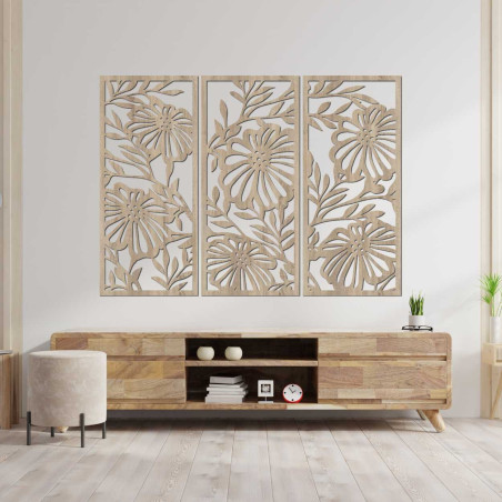 Three-piece wooden decoration with delicately crafted flowers in a symmetrical arrangement.