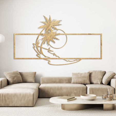 Wooden wall painting with a tropical island and palm trees motif. Wooden wall painting with a tropical island and palm trees motif.