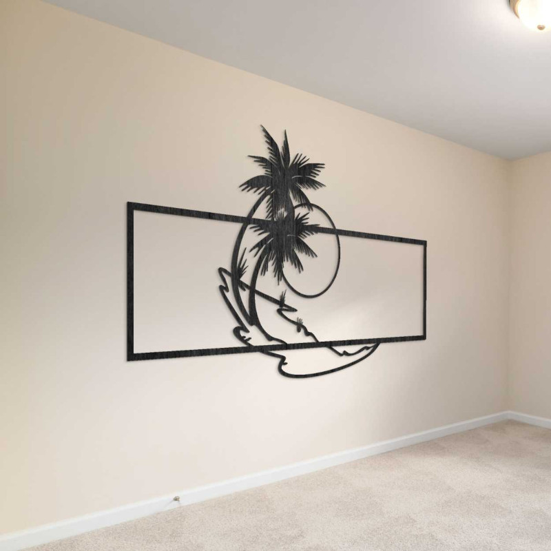 Tropical scene with two palm trees and the soft lines of the ocean.