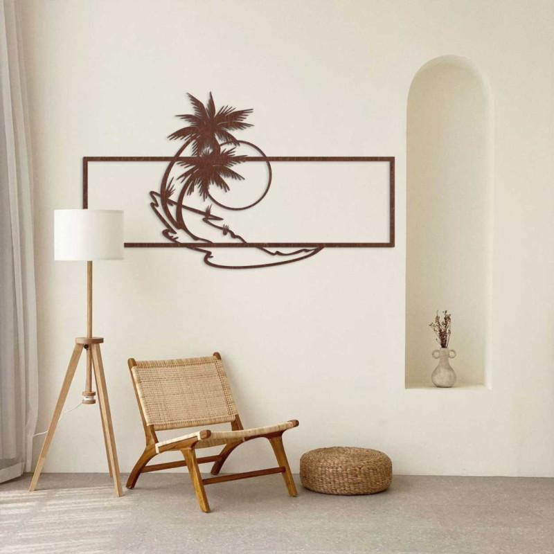 Tropical scene with two palm trees and the soft lines of the ocean.